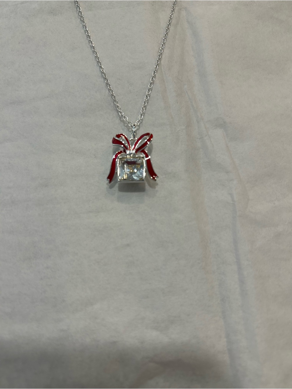 Avon Silver-Tone Pendant Necklace with Red Enamel Bow